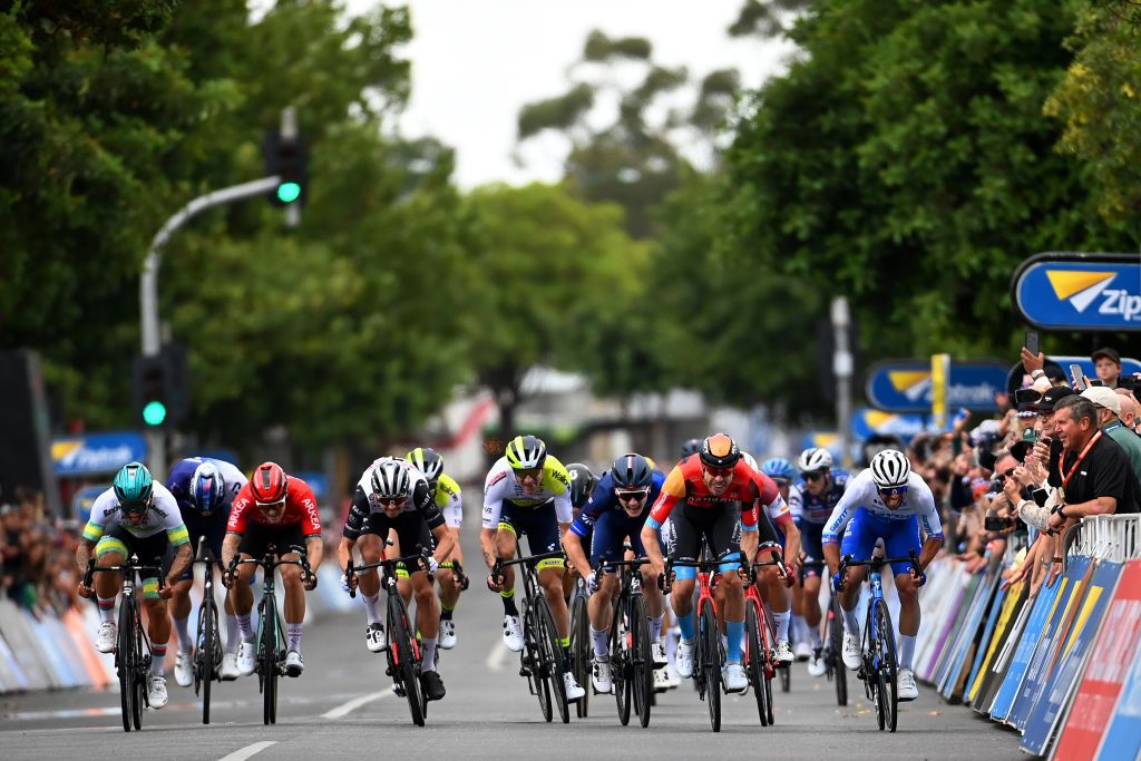 Caleb Ewan came up late on the left in the stage 1 Tour Down Under sprint