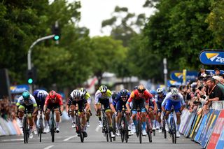 Caleb Ewan came up late on the left in the stage 1 Tour Down Under sprint