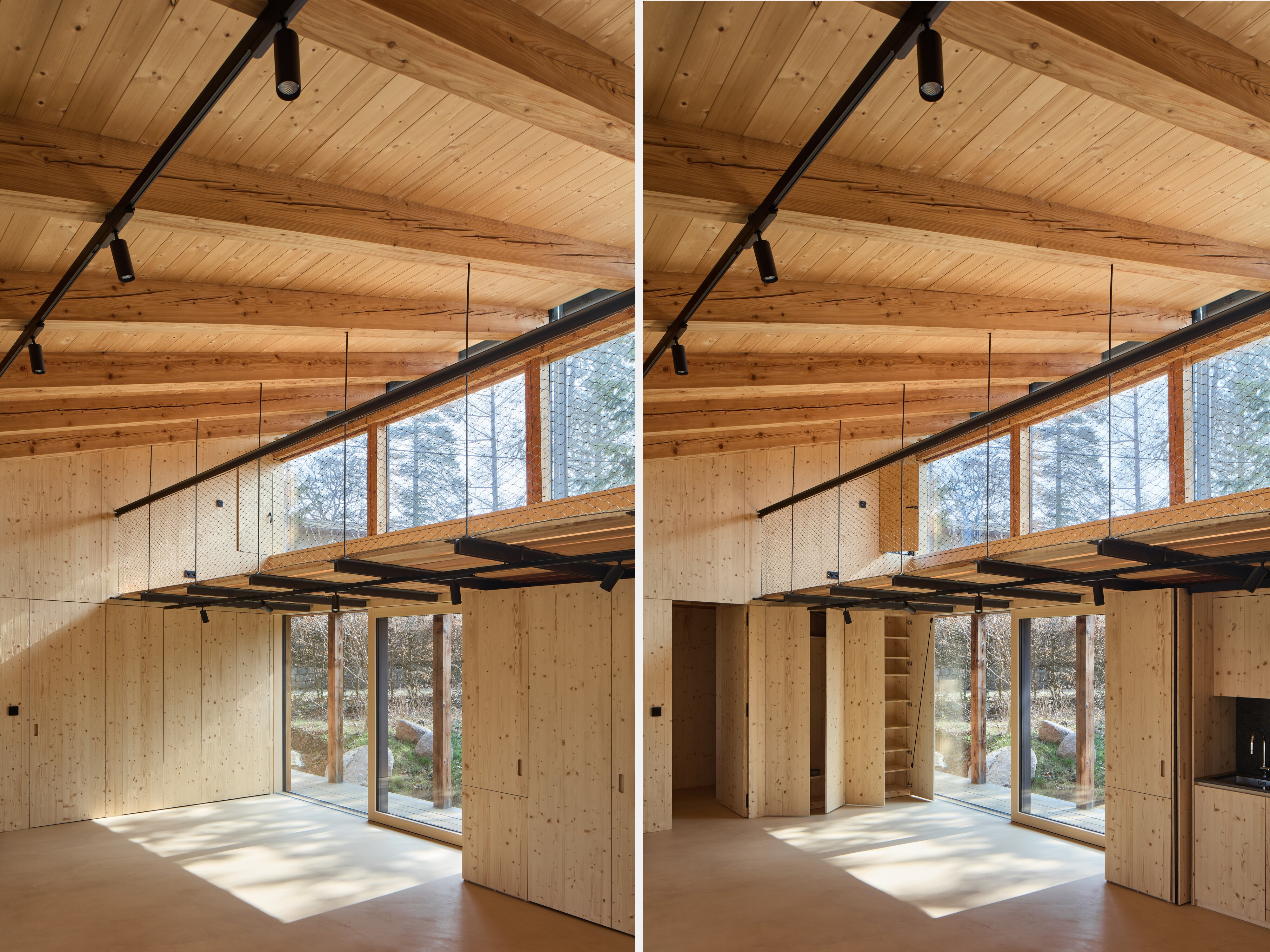 Storage is concealed behind wooden panels