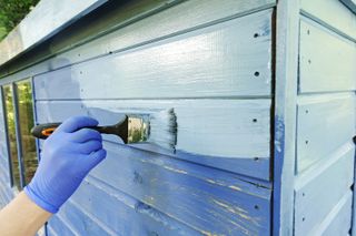 how to paint a shed: blue paint and brush