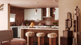 Tiled, beige-tinted kitchen with Island and fuzzy bar stools