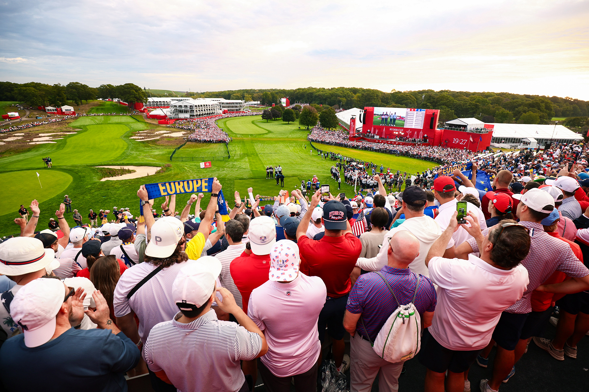 Fans in the grandstand at the Ryder Cup watching the action at Bethpage Black