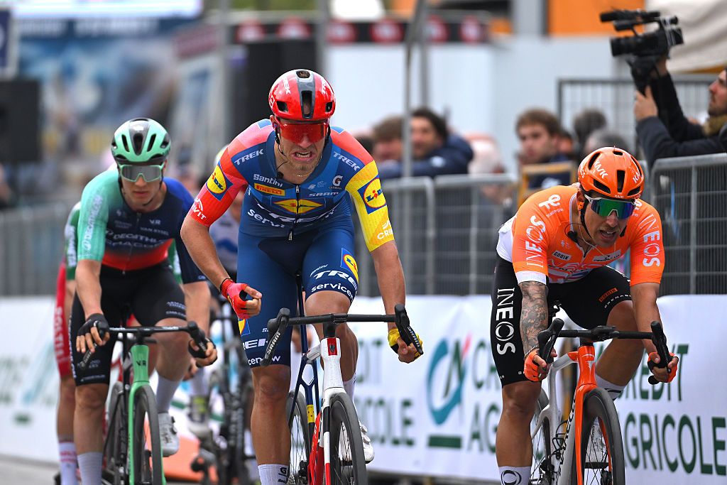SAN BENEDETTO DEL TRONTO, ITALY - MARCH 15: Jonathan Milan of Italy and Team Lidl - Trek celebrates at finish line as stage winner ahead of Sam Welsford of Australia and Team INEOS Grenadiers during the 61st Tirreno-Adriatico 2026, Stage 7 a 142km stage from Civitanova Marche to San Benedetto del Tronto / #UCIWT / on March 15, 2026 in San Benedetto del Tronto, Italy. (Photo by Tim de Waele/Getty Images)