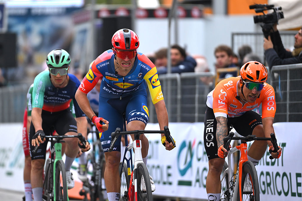 SAN BENEDETTO DEL TRONTO, ITALY - MARCH 15: Jonathan Milan of Italy and Team Lidl - Trek celebrates at finish line as stage winner ahead of Sam Welsford of Australia and Team INEOS Grenadiers during the 61st Tirreno-Adriatico 2026, Stage 7 a 142km stage from Civitanova Marche to San Benedetto del Tronto / #UCIWT / on March 15, 2026 in San Benedetto del Tronto, Italy. (Photo by Tim de Waele/Getty Images)