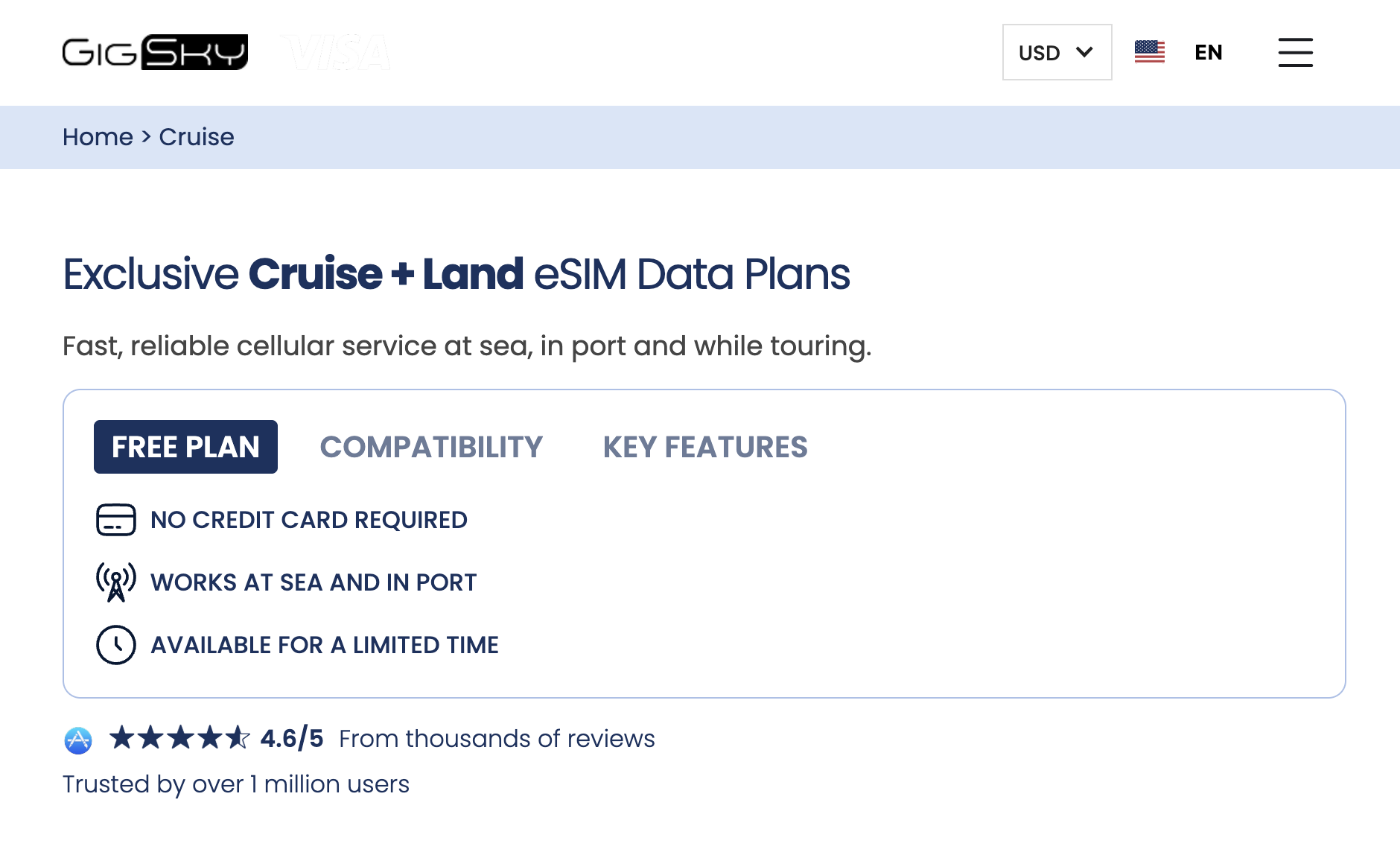 GigSky cruise land esim data plans free plan