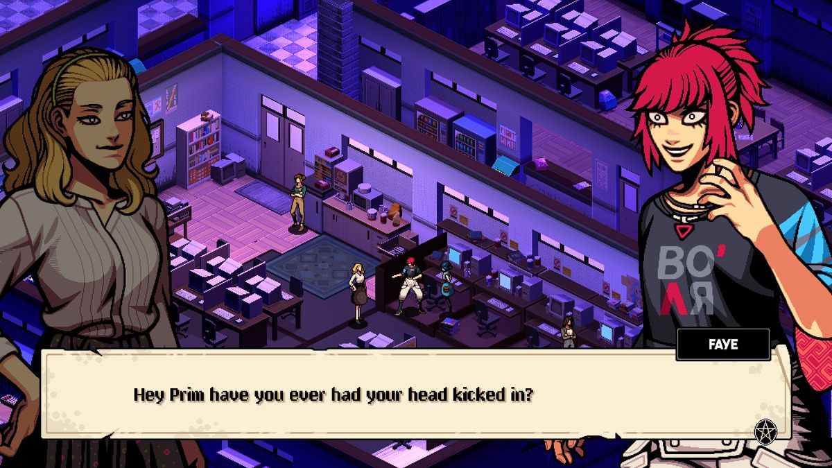 Faye speaks with a character in Demonschool