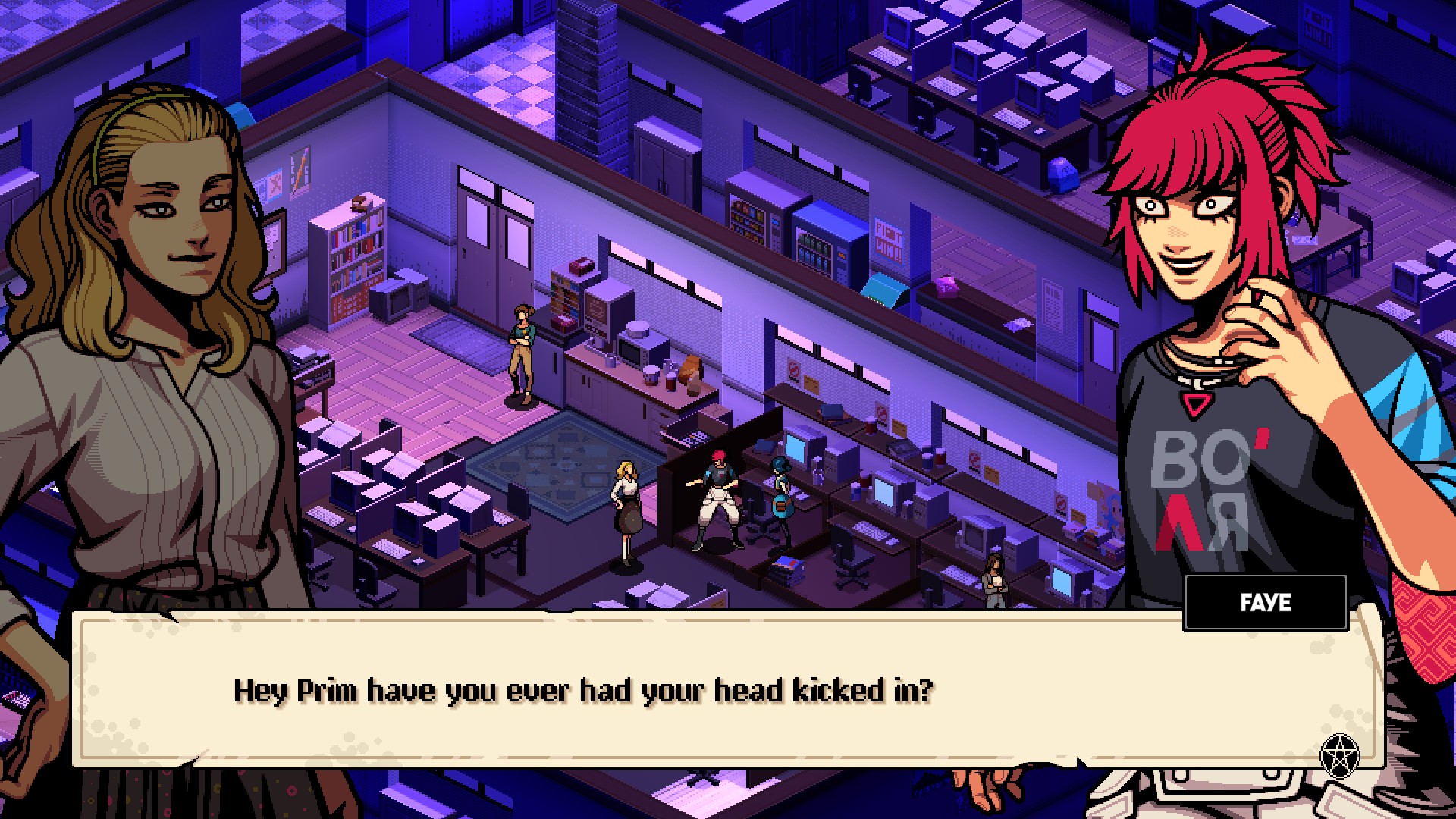 Faye speaks with a character in Demonschool