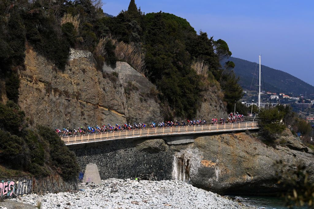 SANREMO ITALY MARCH 19 A general view of the peloton passing through a landscape during the 113th MilanoSanremo 2022 a 293km one day race from Milano to Sanremo MilanoSanremo on March 19 2022 in Sanremo Italy Photo by Tim de WaeleGetty Images