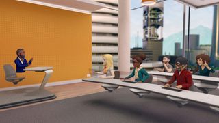 Screenshot of the VR conference tool Horizon Workrooms. One virtual avatar is at the board presenting, whilst the other avatars sit in two rows.