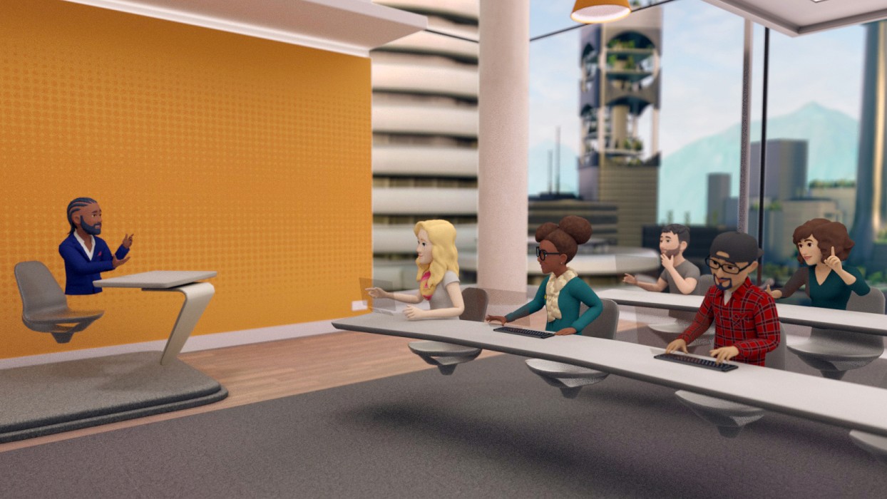 Captura de pantalla de la herramienta de conferencia VR Horizon Workrooms.  Un avatar virtual está en la presentación de la pizarra, mientras que los otros avatares se sientan en dos filas.