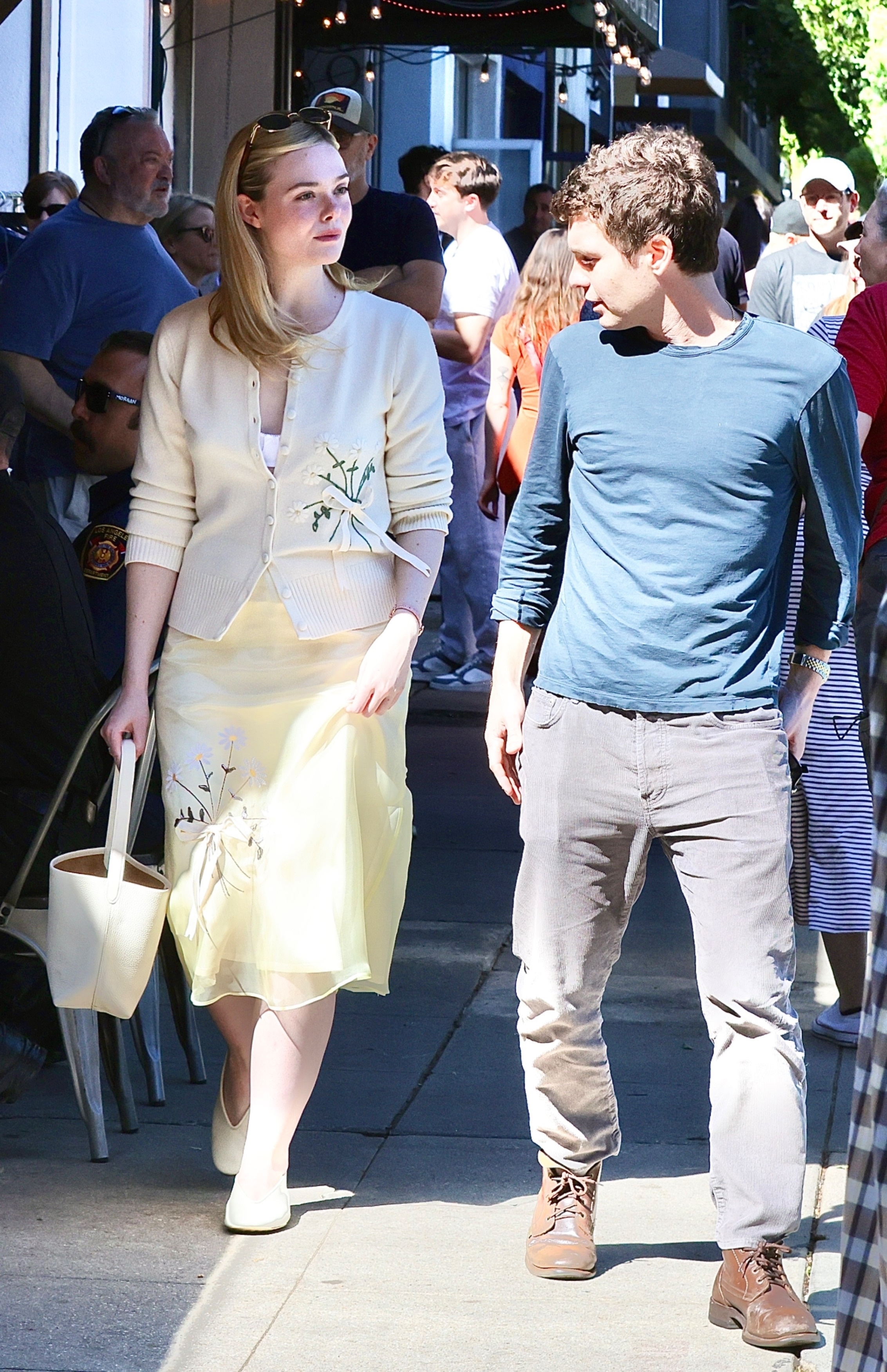 Elle Fanning sheer skirt cardigan look
