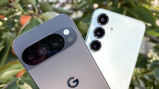 Pixel 10 Pro and Galaxy S25 Plus held in hand