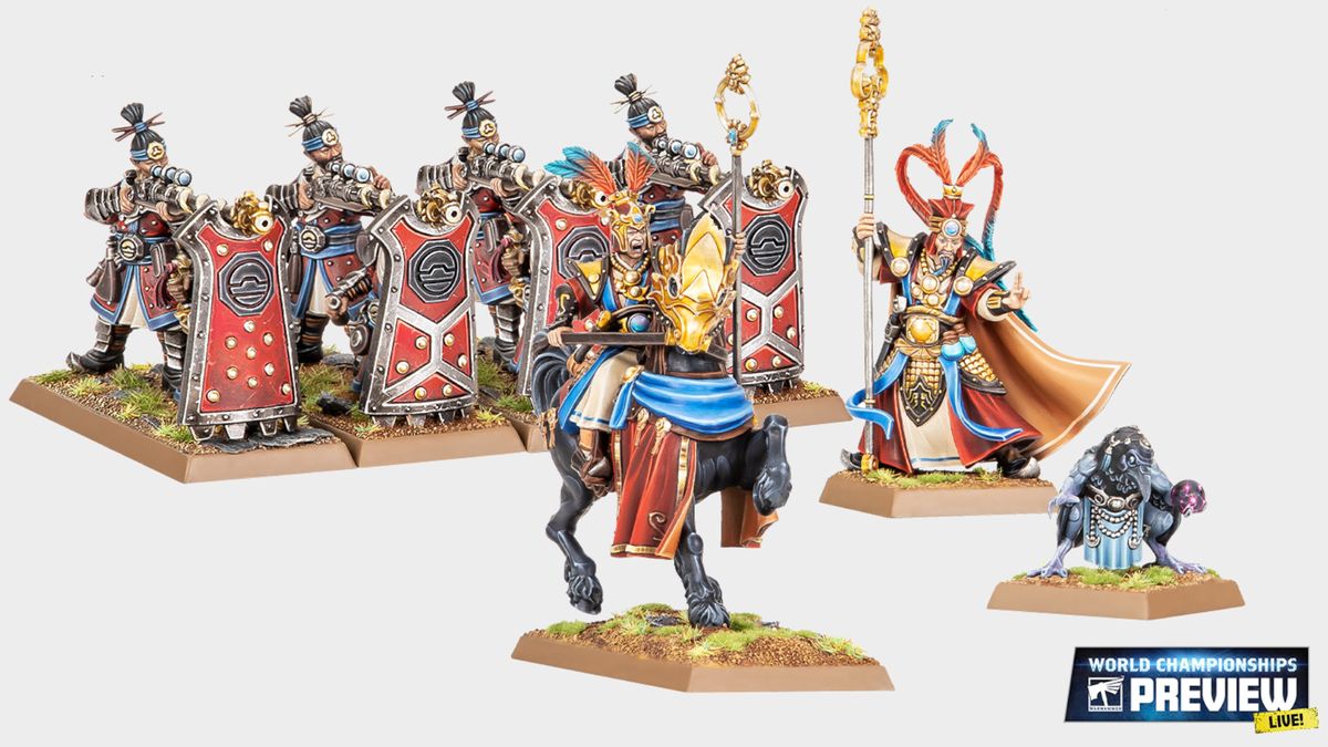 Grand Cathay wizards and gunners on a plain background, with a World Championships Preview logo in the bottom right