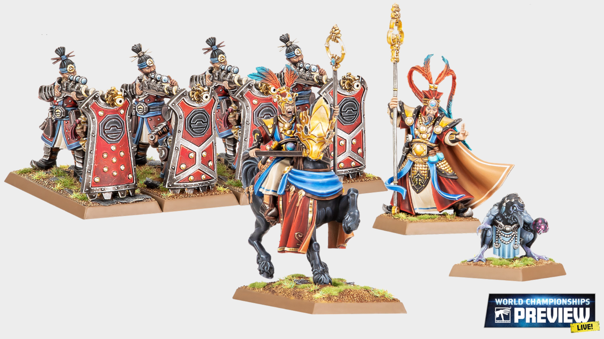 Grand Cathay wizards and gunners on a plain background, with a World Championships Preview logo in the bottom right