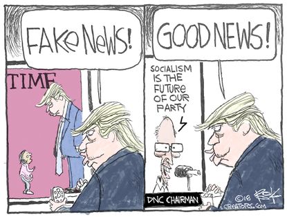 Political Cartoon U.S. Trump fake news Time good news Democratic socialism