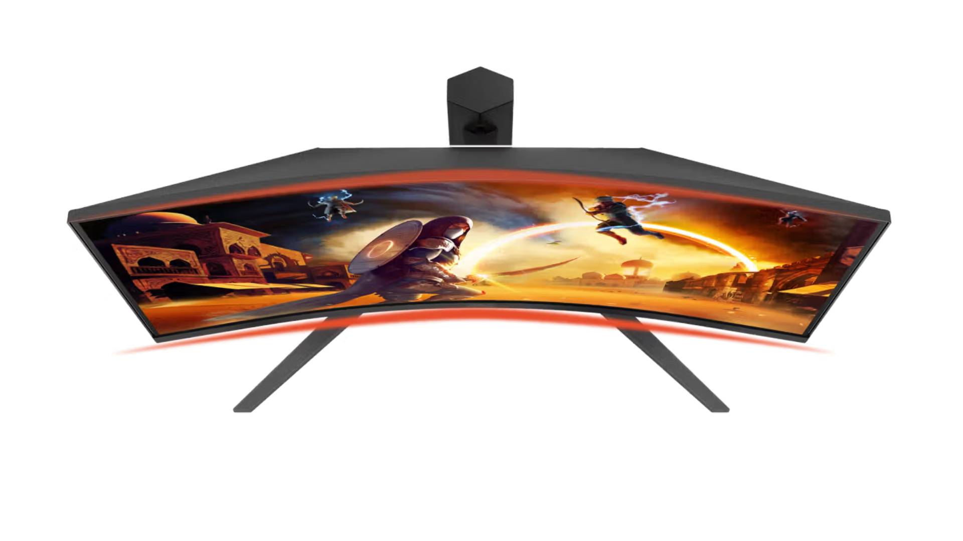 Top view of AOC GAMING CQ32G4ZA monitor with generic fight scene on screen.