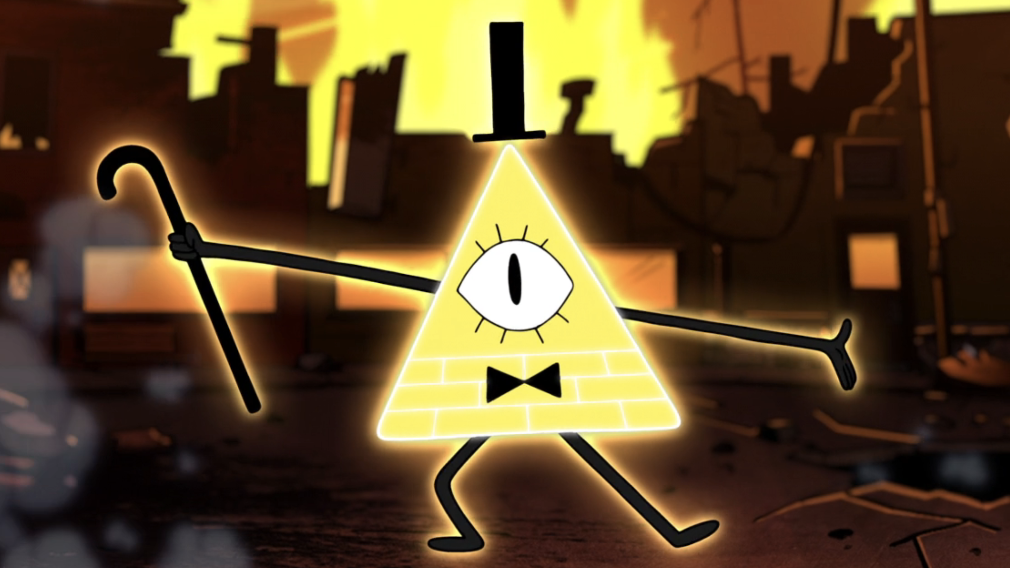 Bill Cipher dancing with cane in alt-opening titles in Gravity Falls Weirdmageddon
