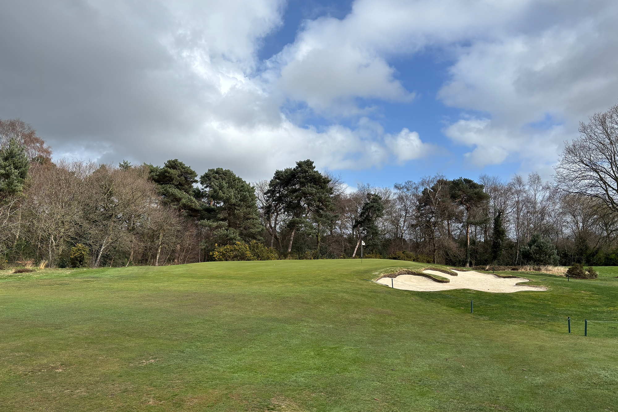 An image of a pin position on the green at Moortown Golf Club, where it is placed in a tucked position behind a bunker