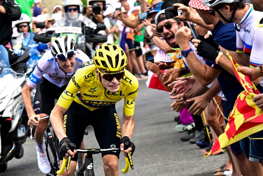 Jumbo-Visma&#039;s Danish rider Jonas Vingegaard wearing the overall leader&#039;s yellow jersey cycles ahead of UAE Team Emirates&#039; Slovenian rider Tadej Pogacar wearing the best young rider&#039;s white jersey in the final ascent on the Col de Joux Plane during the 110th edition of the Tour de France cycling race, 152 km between Annemasse and Morzine Les Portes du Soleil, in the French Alps, on July 15, 2023. (Photo by Bernard PAPON / POOL / AFP)