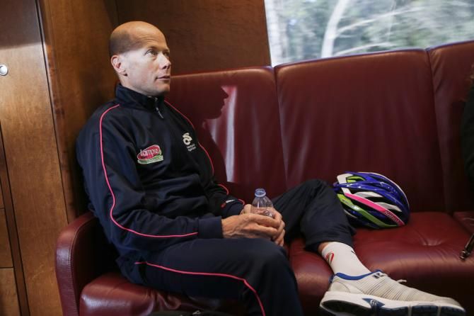 Chris Horner (Lampre-Merida) on the team bus during Challenge Mallorca