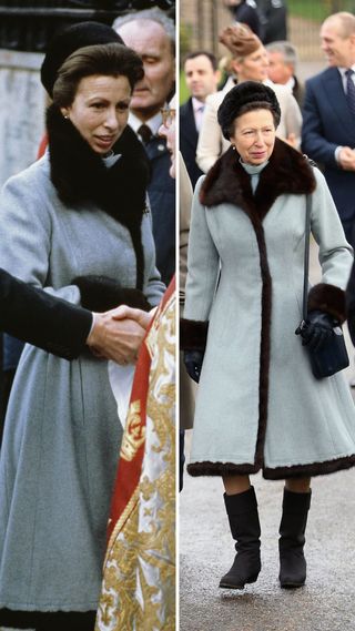 Princess Anne wearing the same blue coat several decades apart