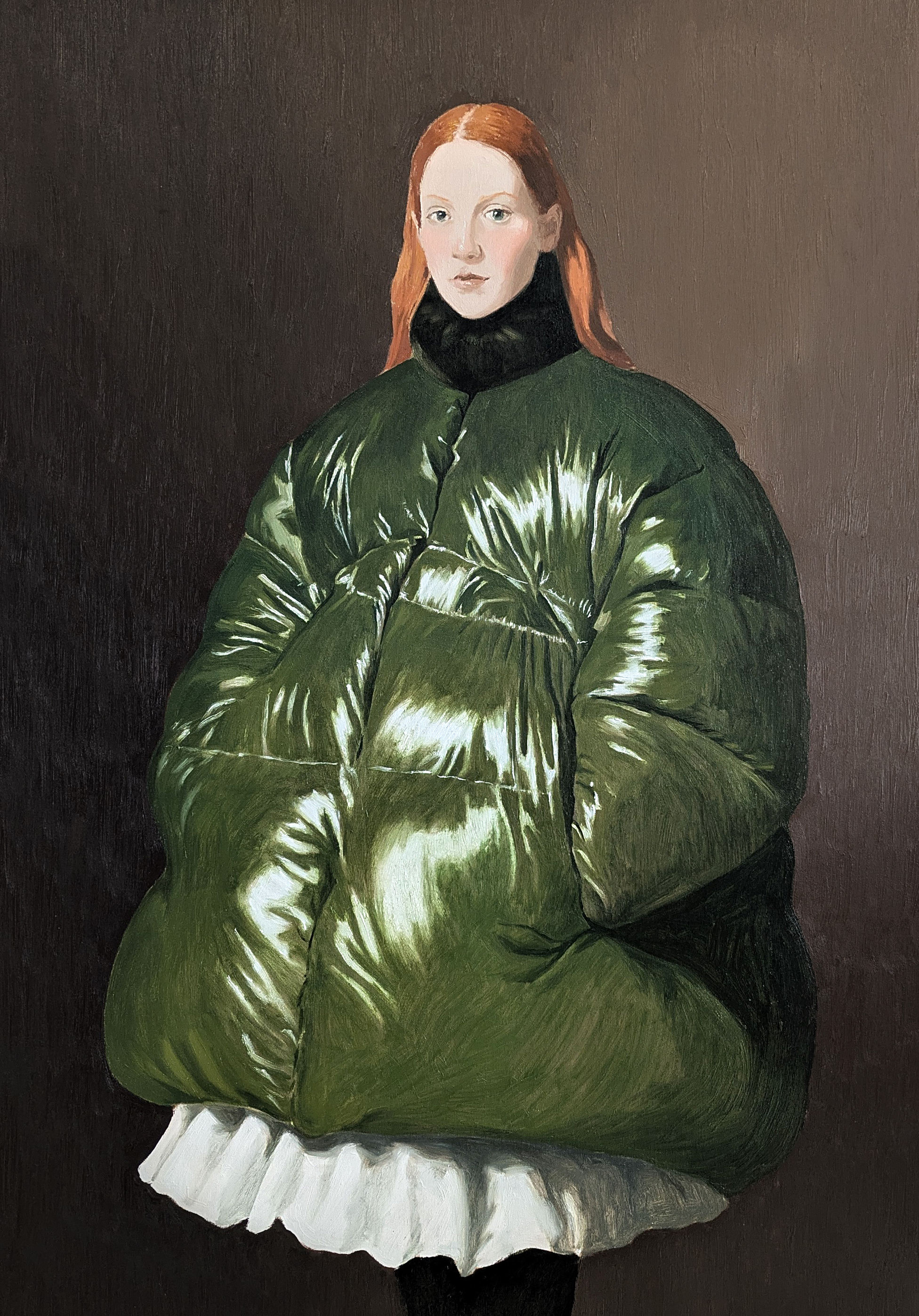 A painted portrait of a person in a quilted coat seated against a dark background