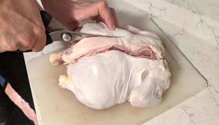 Cutting the backbone out of a chicken using poultry shears