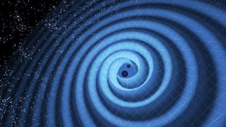 An artist's illustration of two black holes merging and creating ripples in spacetime known as gravitational waves.