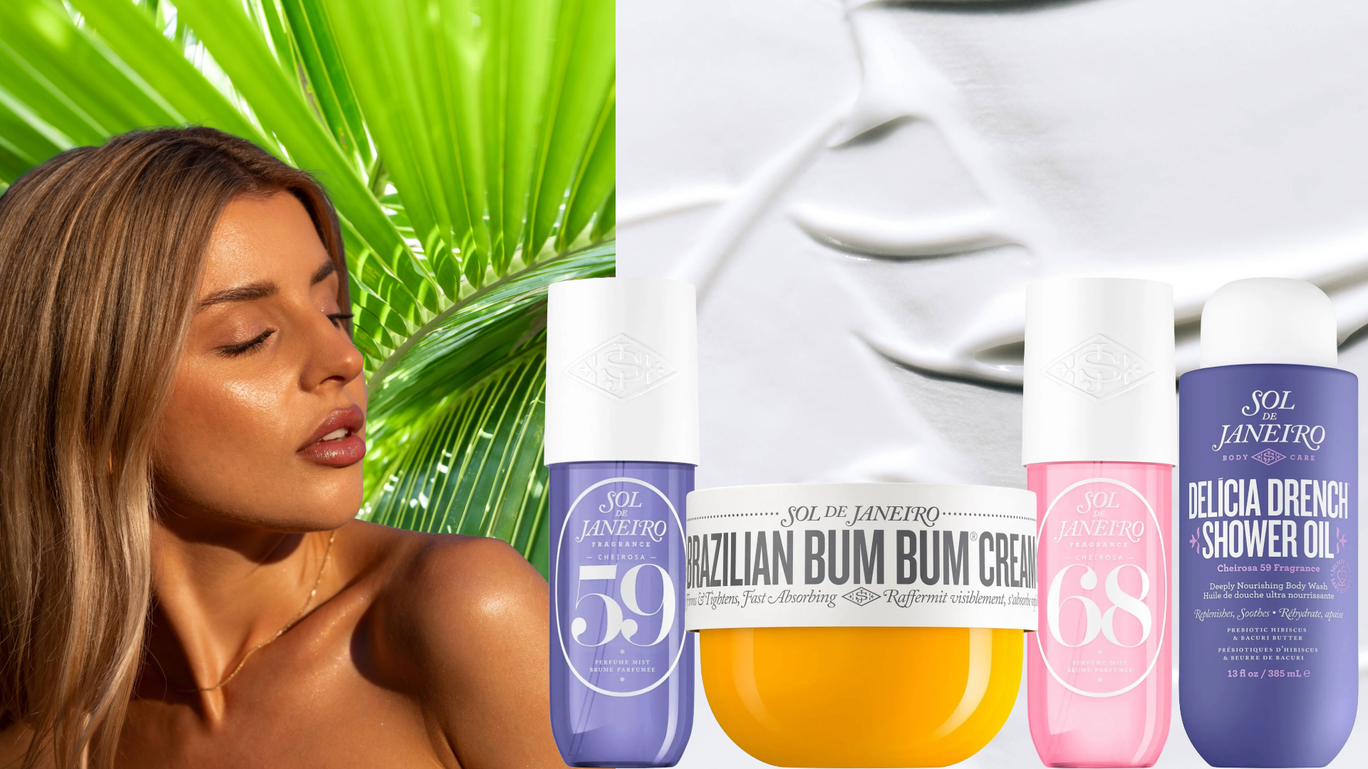 blonde woman with glowy skin with bottles of sol de janeiro perfume and lotion on split background of palm trees and texture shot of body lotion 