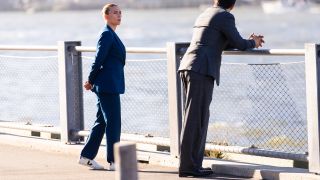 NEW YORK, NEW YORK - OCTOBER 20: Scarlett Johansson (L) and Rupert Friend are seen filming 'Jurassic World Rebirth' in Brooklyn on October 20, 2024 in New York Ci