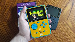 Super Pocket handheld with Super Burger Time title screen displayed.