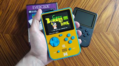 Super Pocket handheld with Super Burger Time title screen displayed.