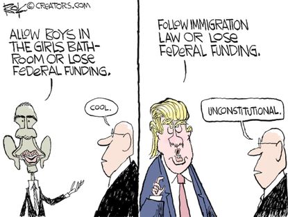 Political cartoon U.S. Transgender bathroom Obama Trump immigration law