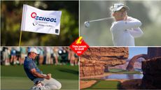 A PGA Tour Q-school flag, Jessica Korda hitting a shot, Rory McIlroy celebrating winning The Masters, TGL's new Stinger hole and Golf Monthly's This Week In Golf logo
