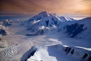 An aerial view of Mt. Denali taken from a plane at sunrise