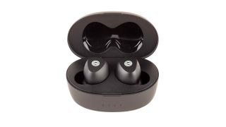 The best earbuds for audio quality, the Grado GT220 wireless earbuds inside their charging case.