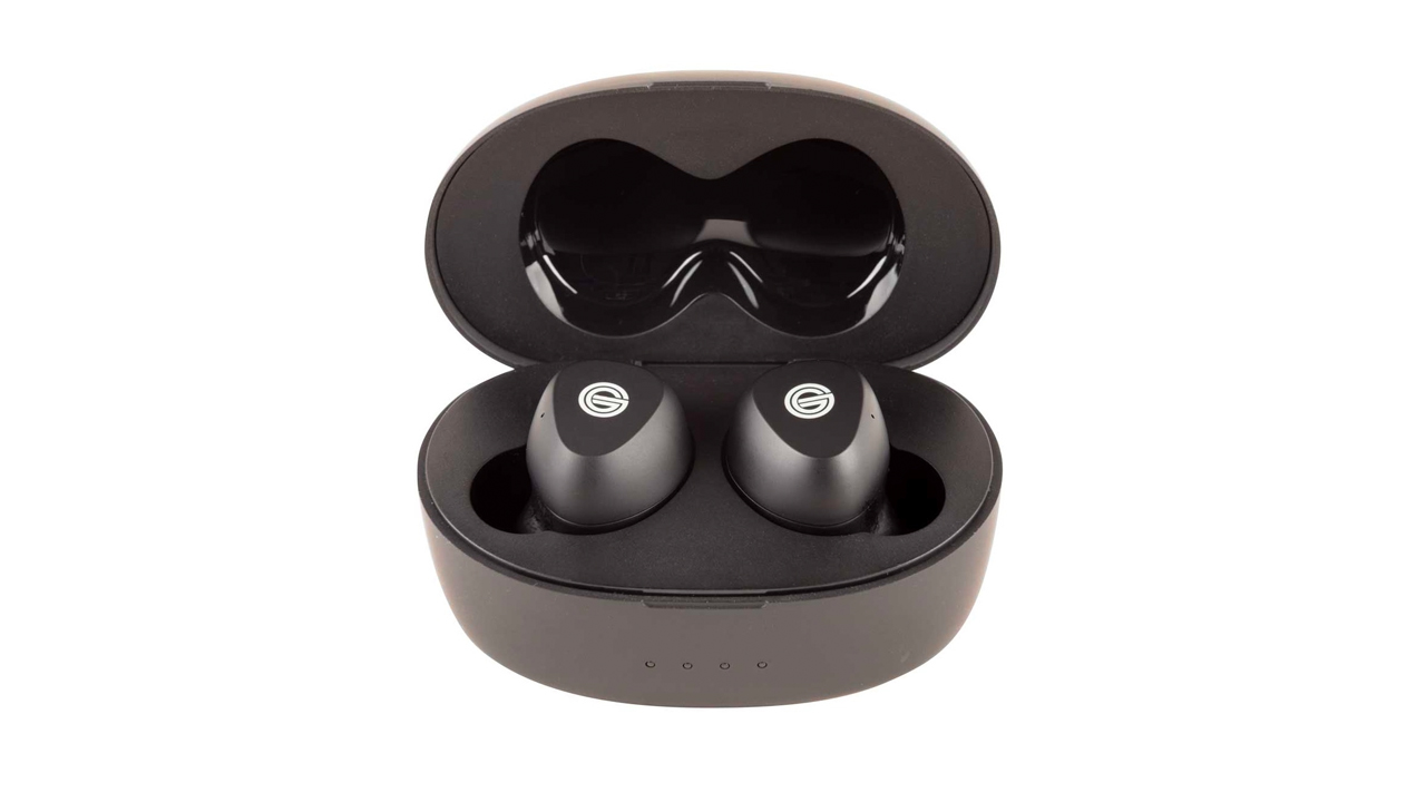 The grado gt220 wireless earbuds with the charging case lid open to reveal the earbuds inside