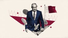 Photo composite of Benjamin Netanyahu, the Qatari flag, and Israeli New Shekel coins
