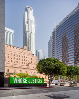 Barbara Kruger's 'Whose Justice' installation in LA during Frieze LA