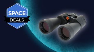 A pair of Celestron Skymaster 12x60 binoculars in front of a blue planet.