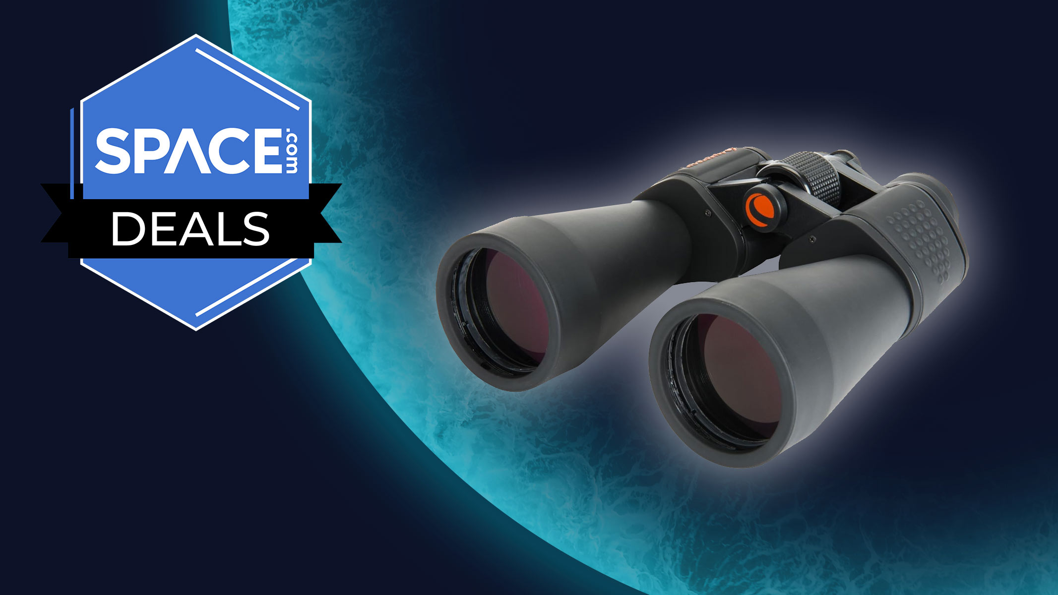 A pair of Celestron Skymaster 12x60 binoculars in front of a blue planet.