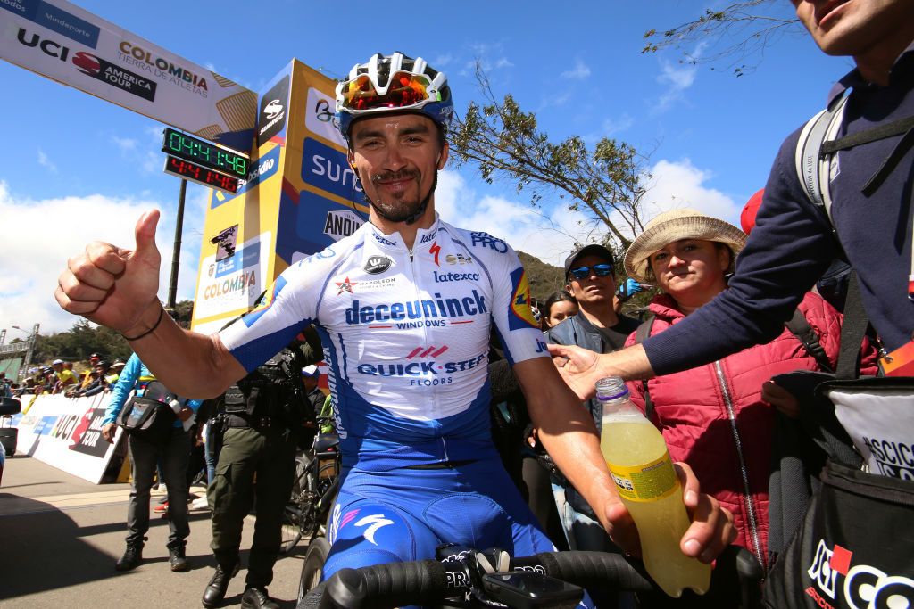 EL ONCE ALTO VERJN COLOMBIA FEBRUARY 16 Arrival Julian Alaphilippe of France and Team Deceuninck Quick Step during the 3rd Tour of Colombia 2020 Stage 6 a 1826km stage from Zipaquir to El Once Alto Verjn 3290m TourColombiaUCI TourColombia2020 on February 16 2020 in El Once Alto Verjn Colombia Photo by Maximiliano BlancoGetty Images