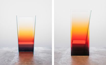 Glass chair by Germans Ermics with tall glass panels featuring colour gradient including black, red, yellow and white