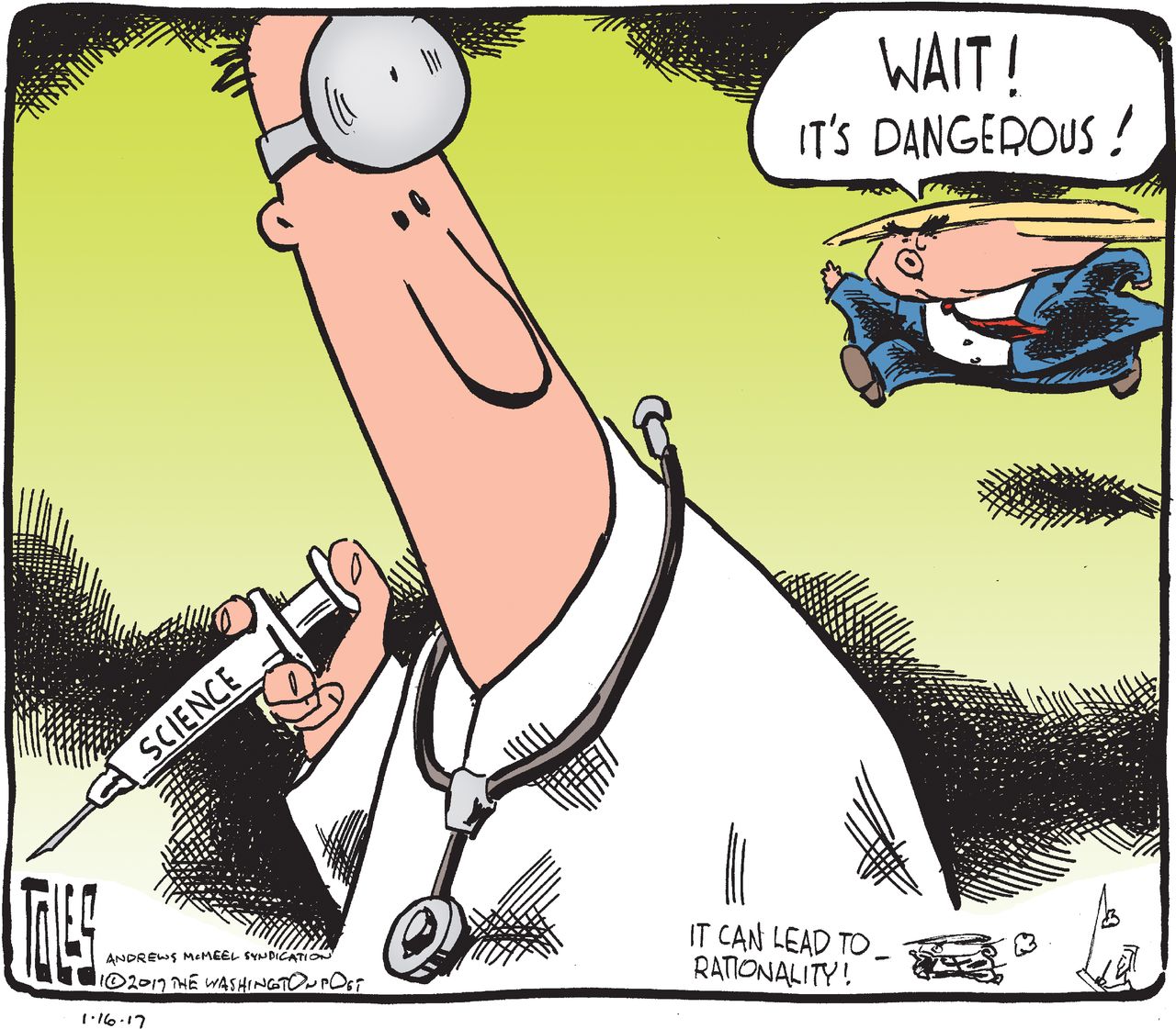 Political cartoon U.S. Donald Trump science vaccines