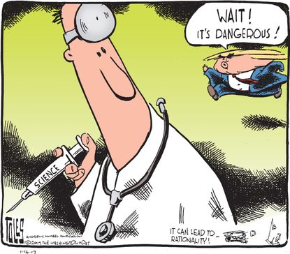 Political cartoon U.S. Donald Trump science vaccines