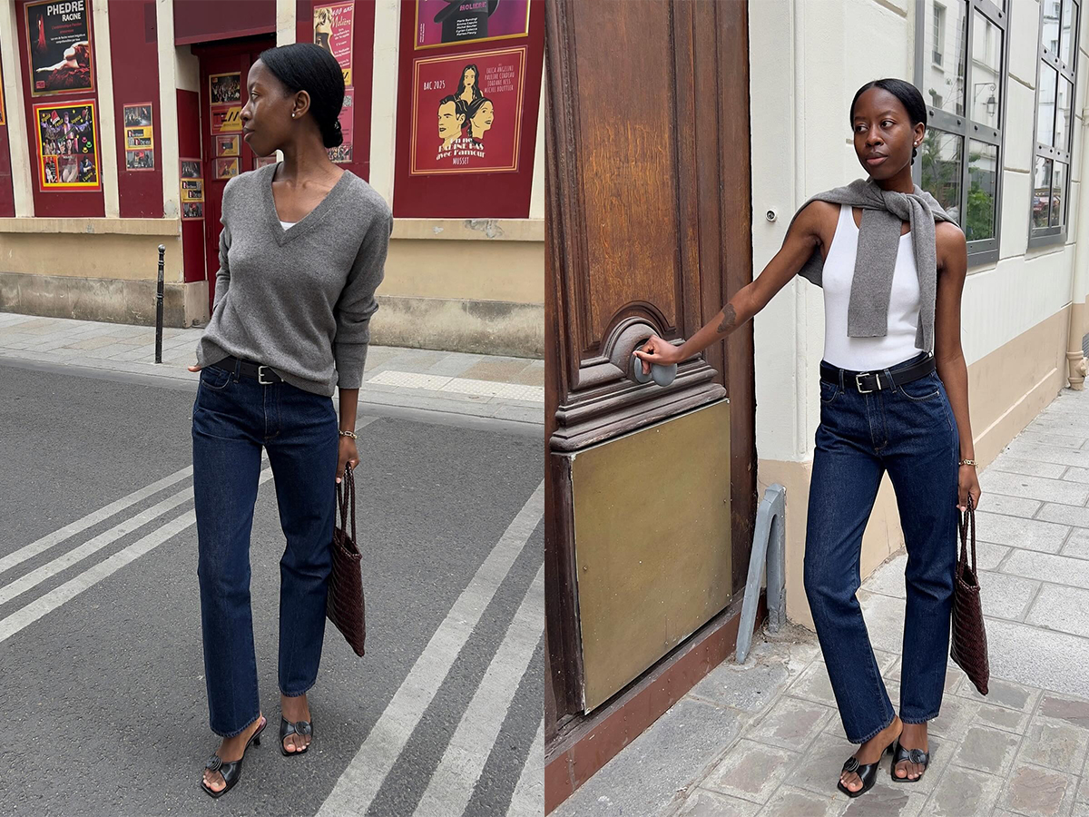 Influencer Sylvie wears dark wash denim with black kitten heels and a white tank. She also wears a grey sweater.