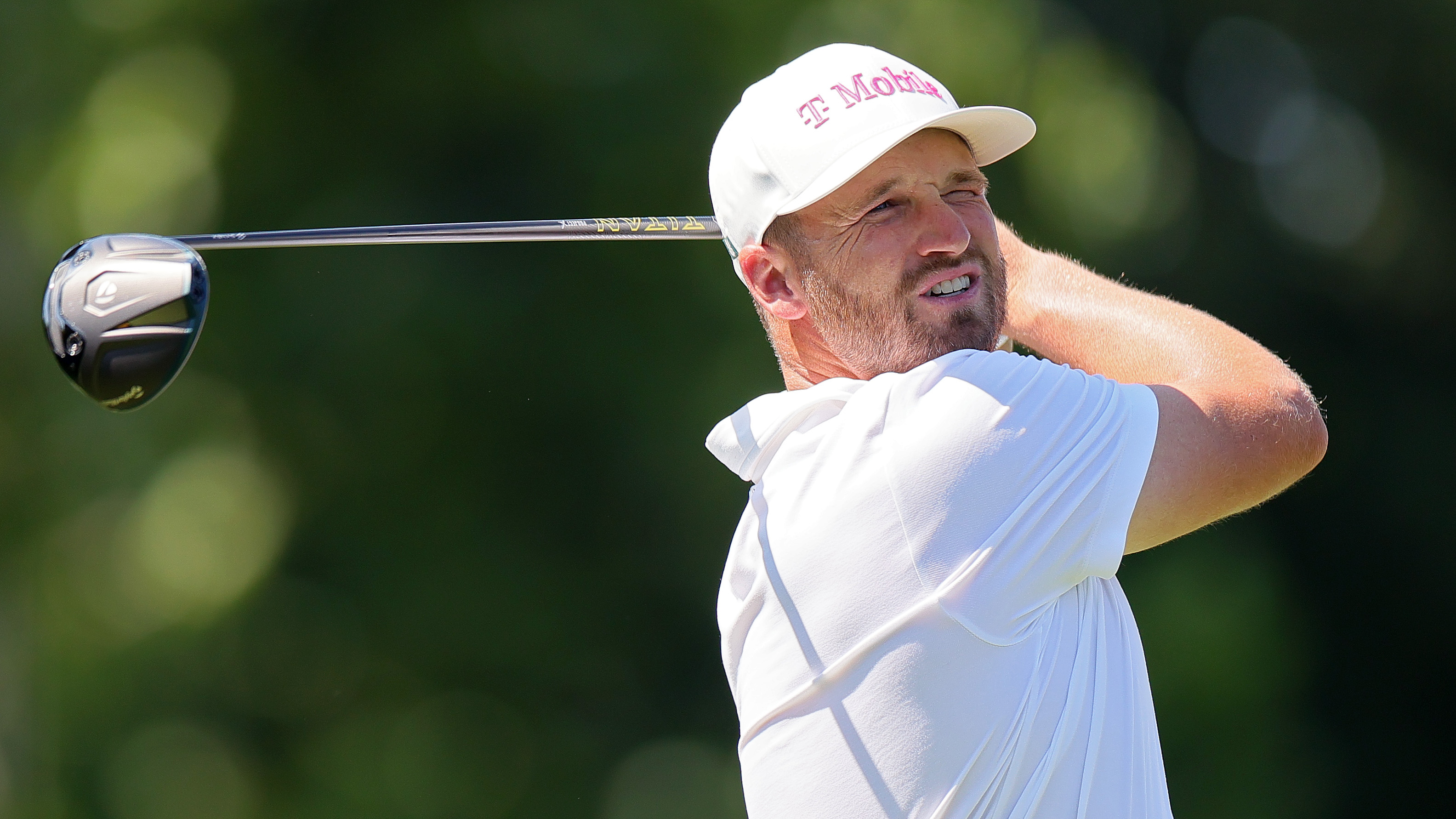 Wyndham Clark of the United States plays his shot from the eighth tee during the second round of the BMW Championship 2026 at Bellerive Country Club on August 21, 2026