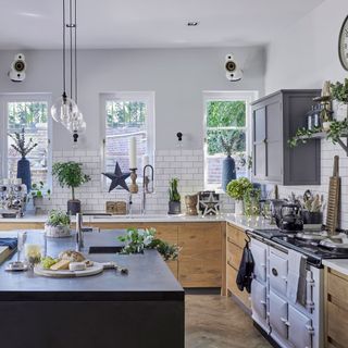 white kitchen with worktop and grey cabinet
