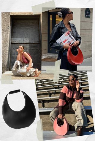 the best staud bags shown in a collage of women carrying the Staud Moon Bag