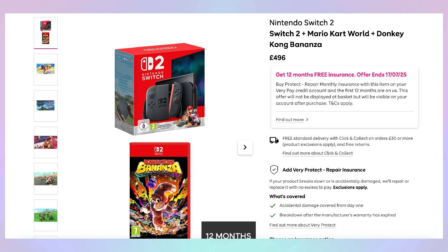 Screenshot of Nintendo Switch 2 and Donkey Kong Bananza listing at Very